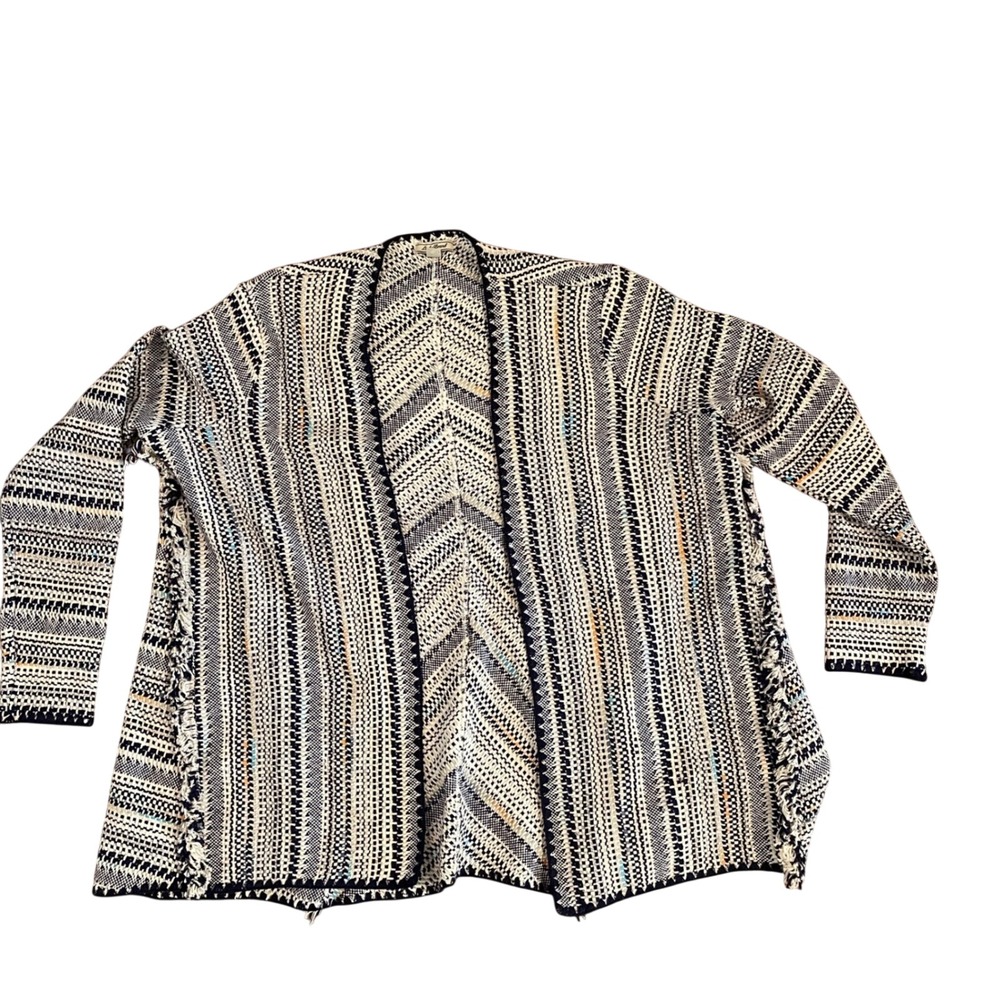 Lucky Brand Open Front Cardigan Fringe Trim Knit Bohemian Sweater Large‎